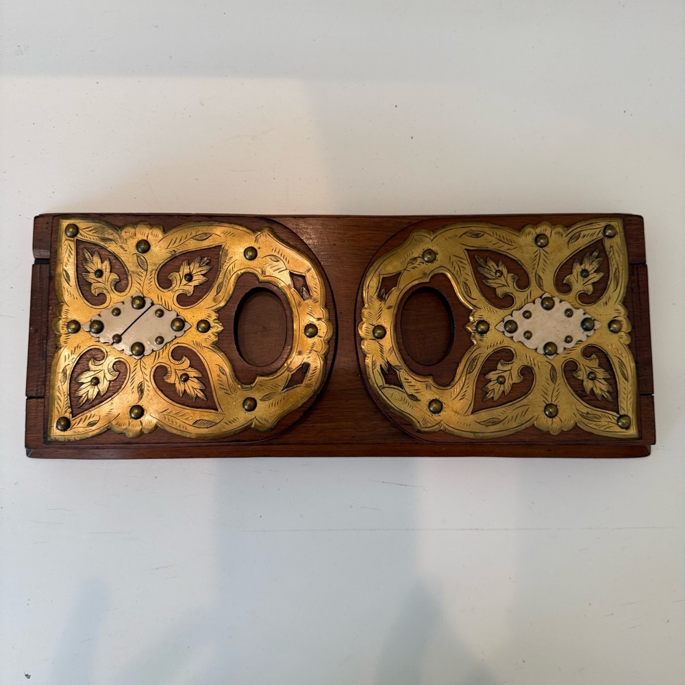 Antique Brass Mounted Wood Expandable Book Rack Victorian Folding Bookends